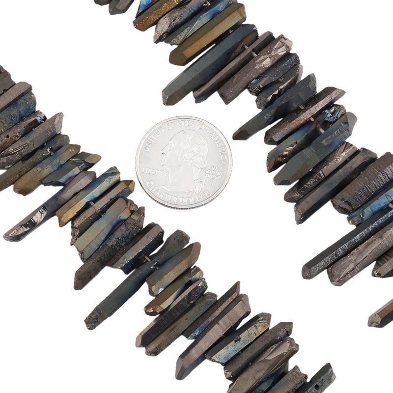 SUNYIK Black Titanium Coated Crystal Points Quartz Rough Sticks Spikes Point Beads 15 inch Strand Drilled - Image 5